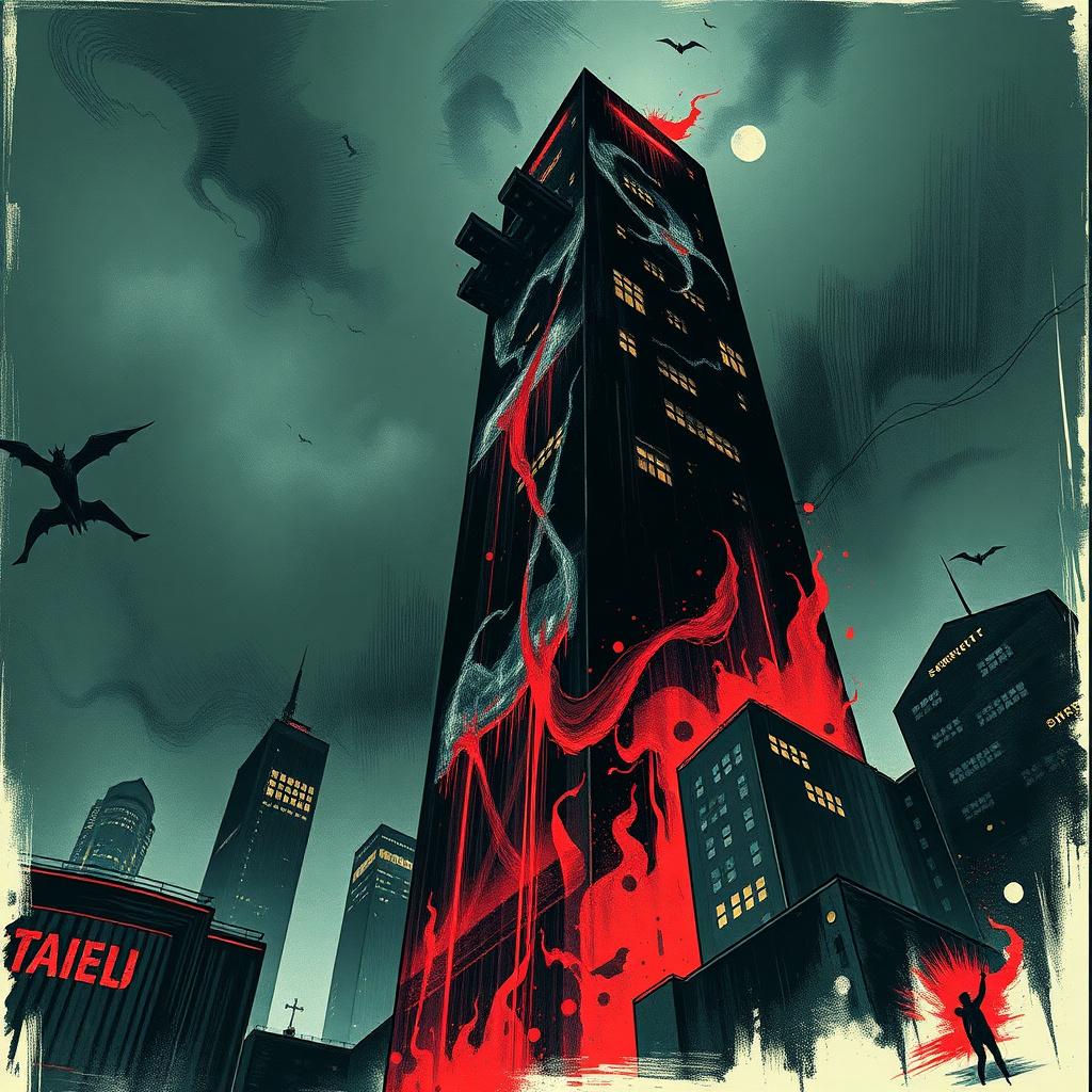 Horror manhwa cover with a dark skyscraper