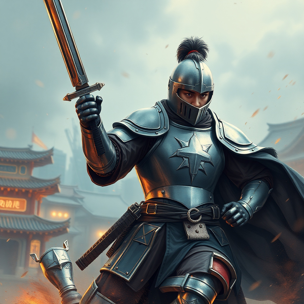 Action manhwa cover with a knight in modern Seoul
