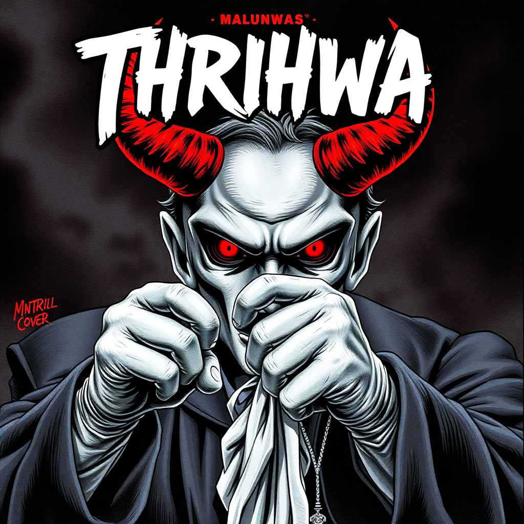 Thriller manhwa cover with a judge gavel and devil horns